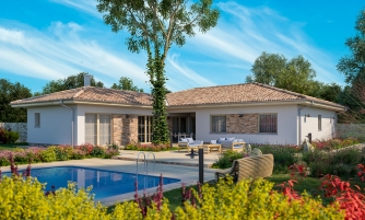 L-shaped 6-room single-storey house with terrace, which can be used year-round with slight modifications.